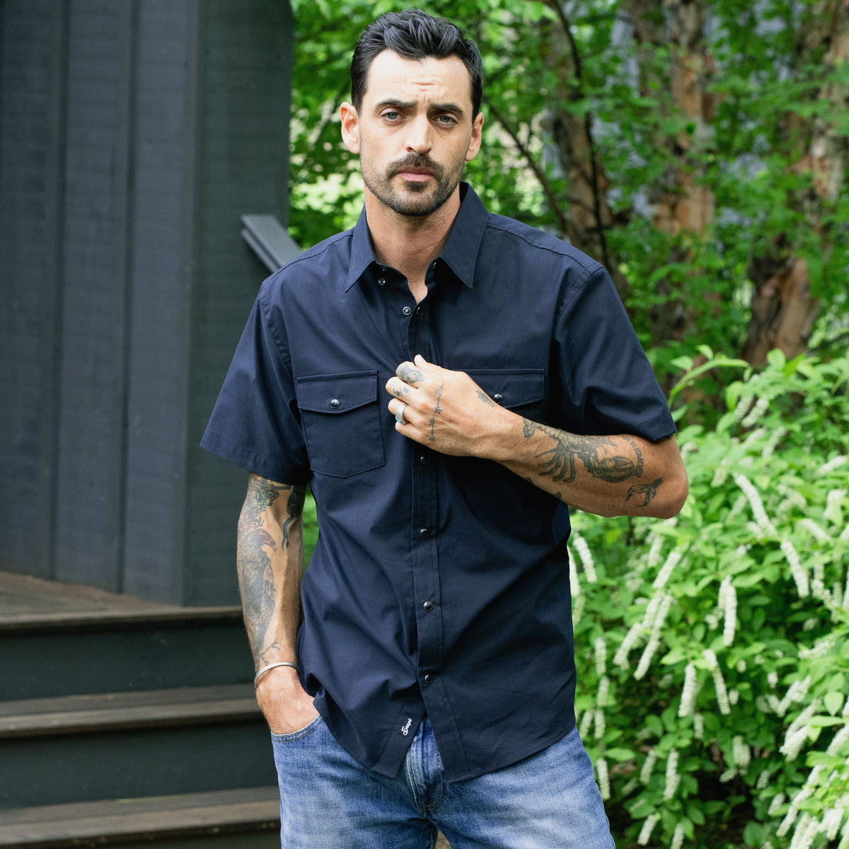 black pearl snap dress shirt Rambler EZ Care Short Sleeve Jet w/ Black Snaps / small 98% Cotton Cushioned Insole Size:Size 22W Mini Blue Satin Dress,